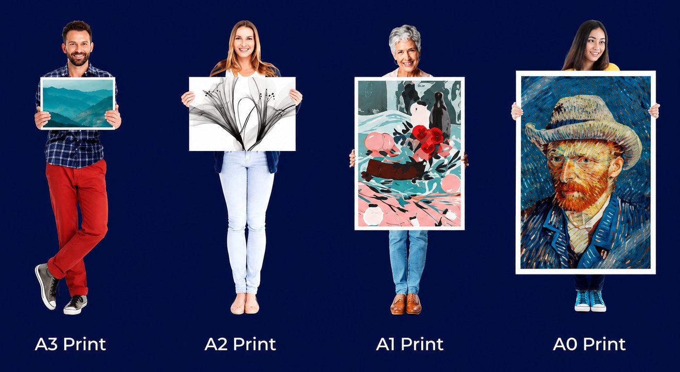 A0, A1, A2 and A3 print sizes shown held by people for scale